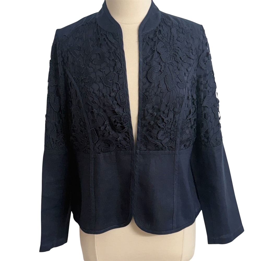 Chico's Women's Long Sleeve Open Front Lace Overlay Linen Blazer